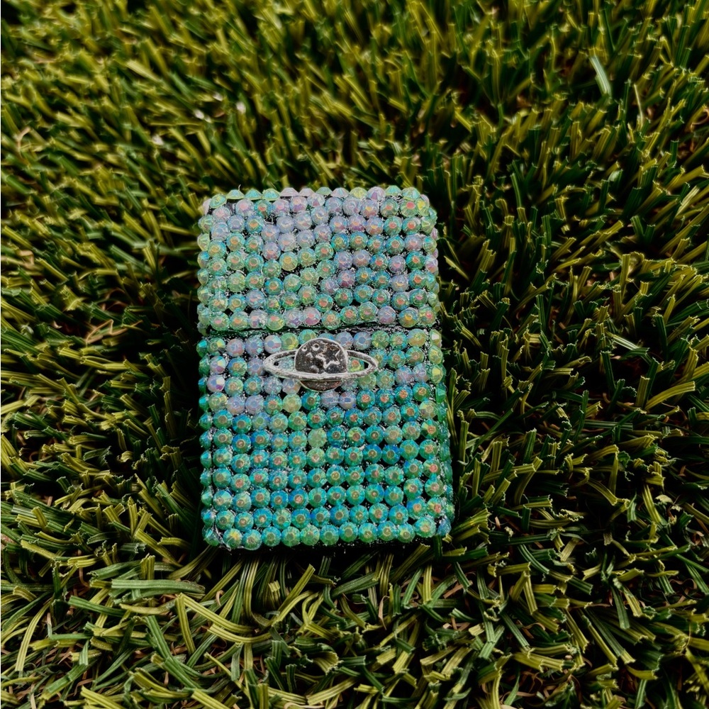 Green & Blue Rhinestone Zippo-Style Lighter – Refillable, Bling Custom Design